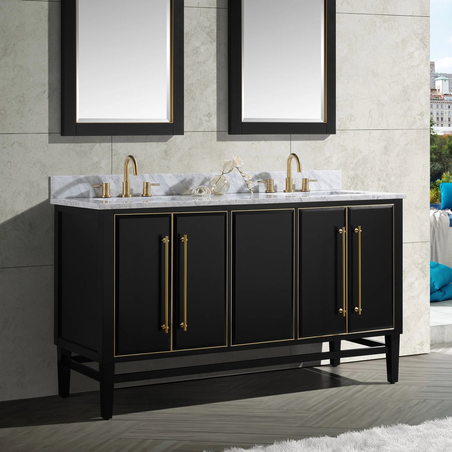 Mason 60" Freestanding Bathroom Vanity with Carrara White Natural Marble Top and Vitreous China Undermount Sinks