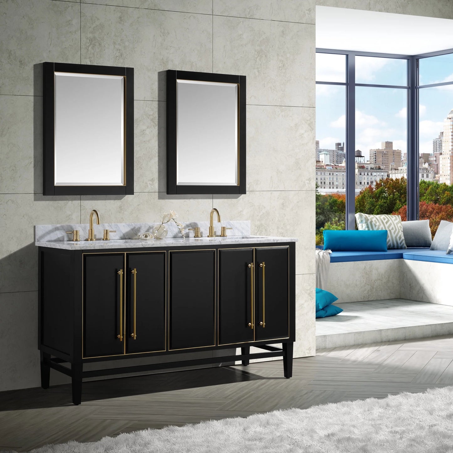 Mason 60" Freestanding Bathroom Vanity with Carrara White Natural Marble Top and Vitreous China Undermount Sinks