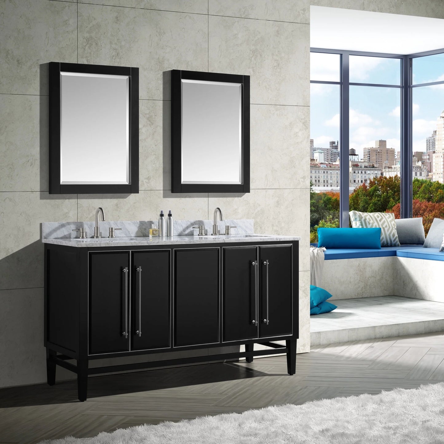 Mason 60" Freestanding Bathroom Vanity with Carrara White Natural Marble Top and Vitreous China Undermount Sinks