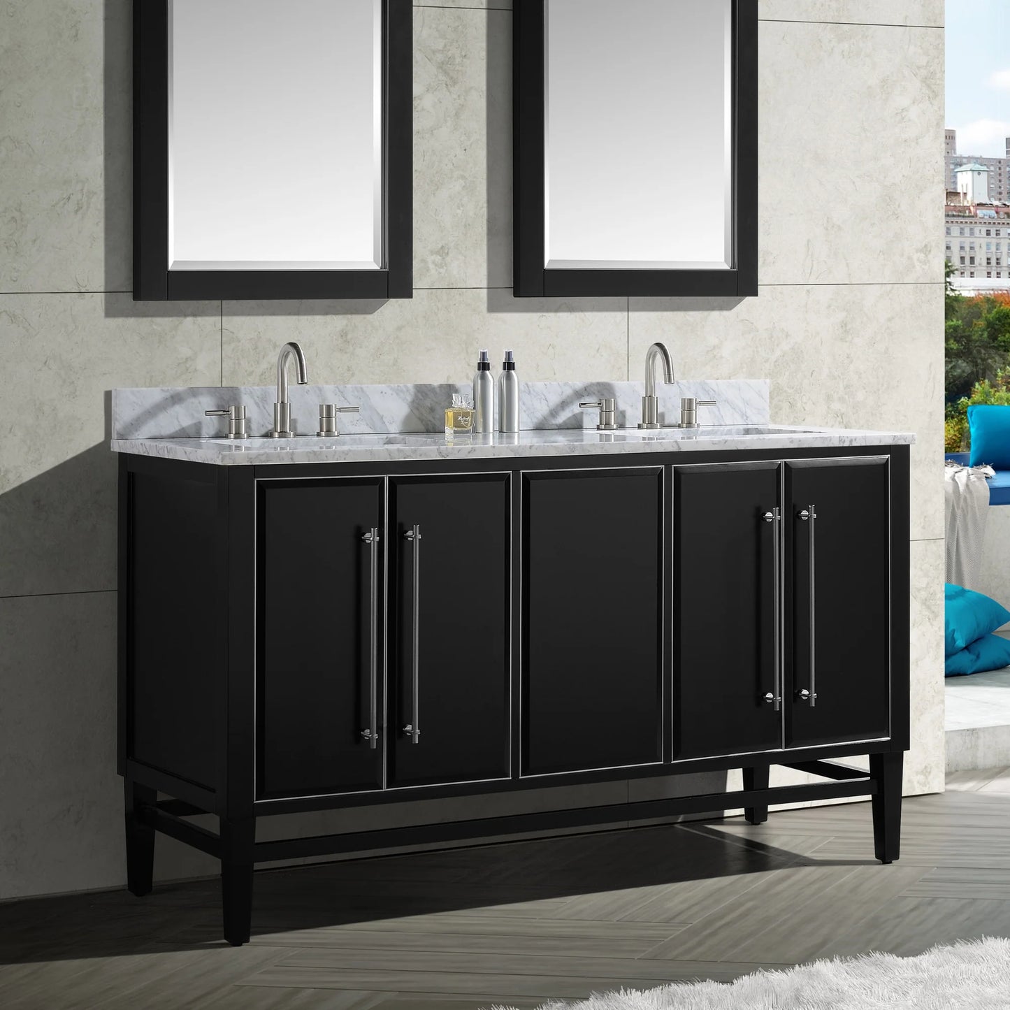 Mason 60" Freestanding Bathroom Vanity with Carrara White Natural Marble Top and Vitreous China Undermount Sinks