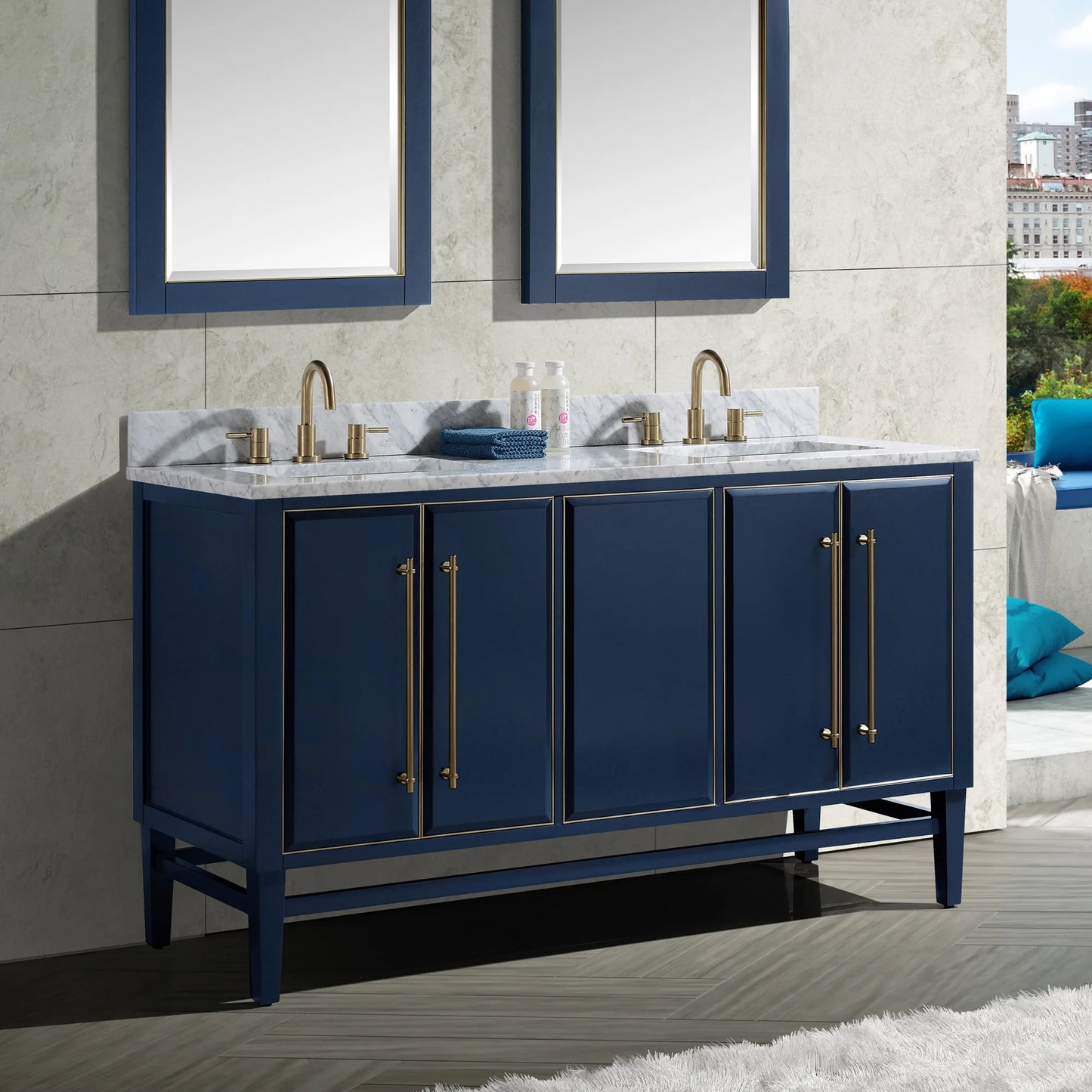 Mason 60" Freestanding Bathroom Vanity with Carrara White Natural Marble Top and Vitreous China Undermount Sinks