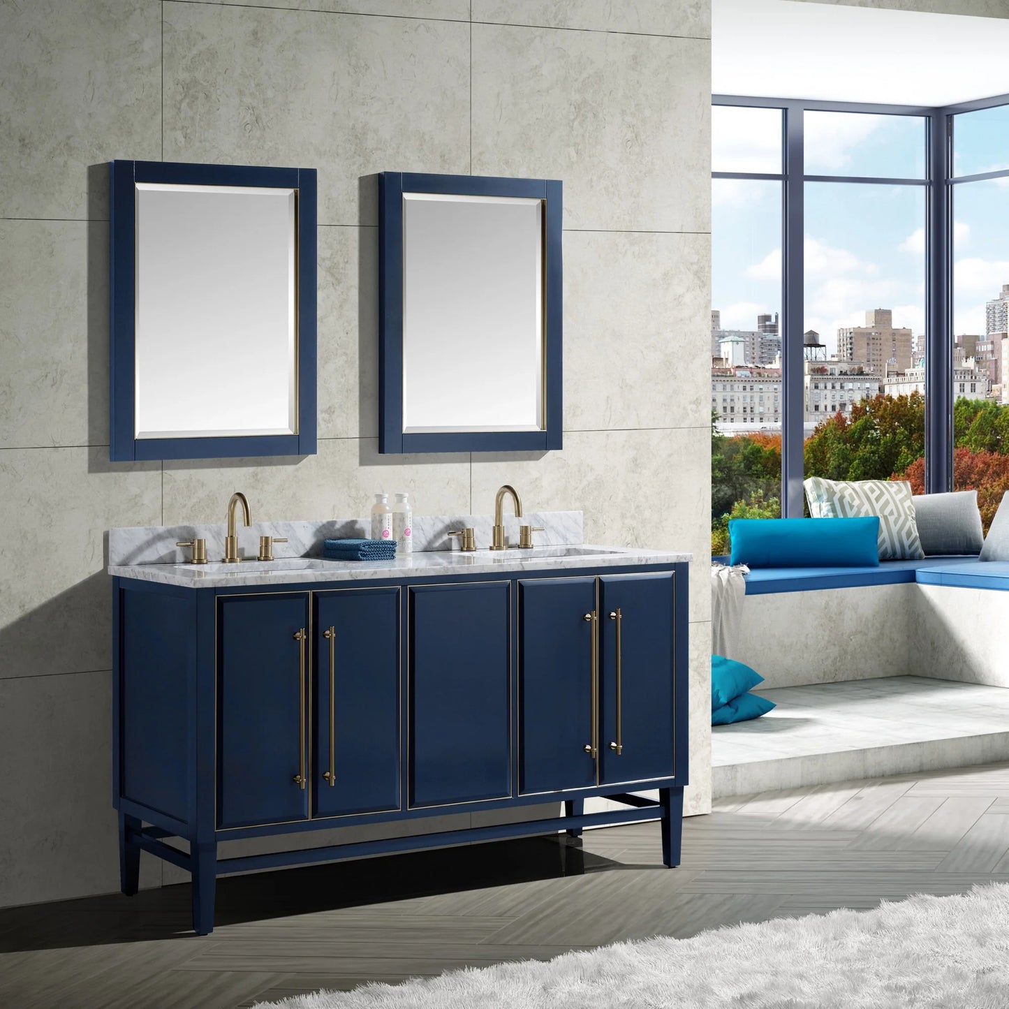 Mason 60" Freestanding Bathroom Vanity with Carrara White Natural Marble Top and Vitreous China Undermount Sinks