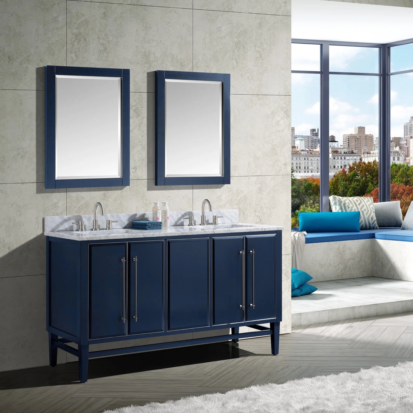 Mason 60" Freestanding Bathroom Vanity with Carrara White Natural Marble Top and Vitreous China Undermount Sinks