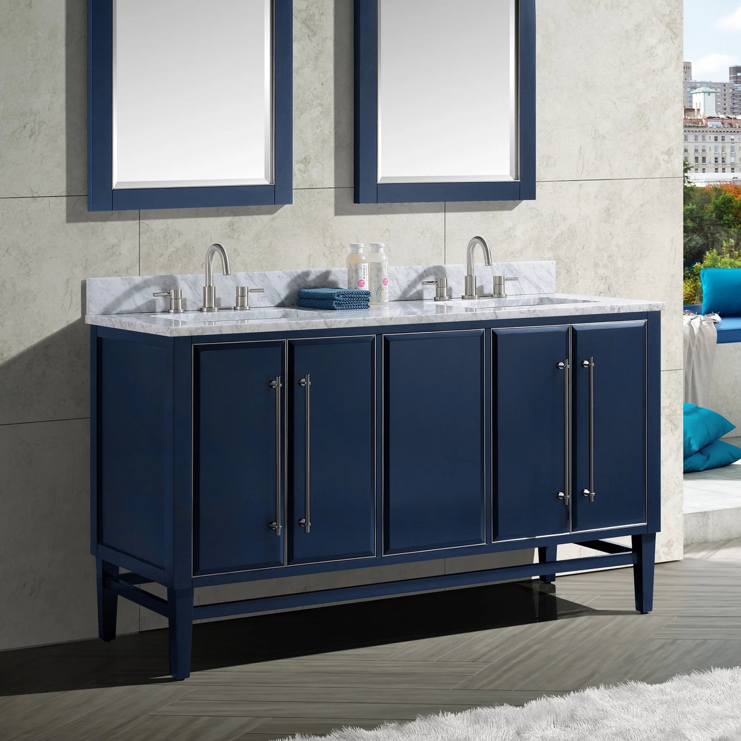 Mason 60" Freestanding Bathroom Vanity with Carrara White Natural Marble Top and Vitreous China Undermount Sinks