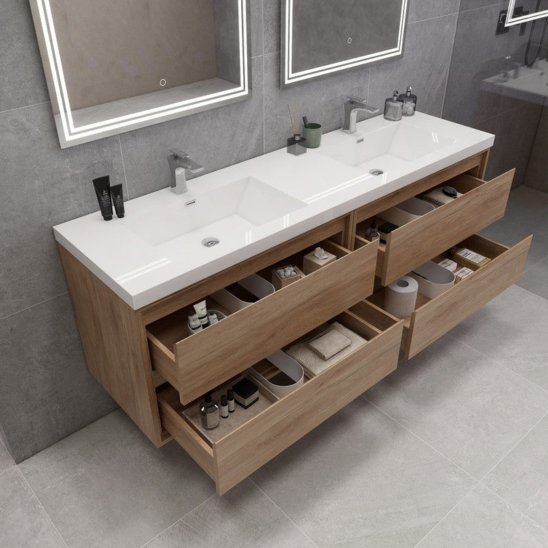 Sage 72" Wall Mounted Bathroom Vanity with Reinforced Acrylic Integrated Sink Top