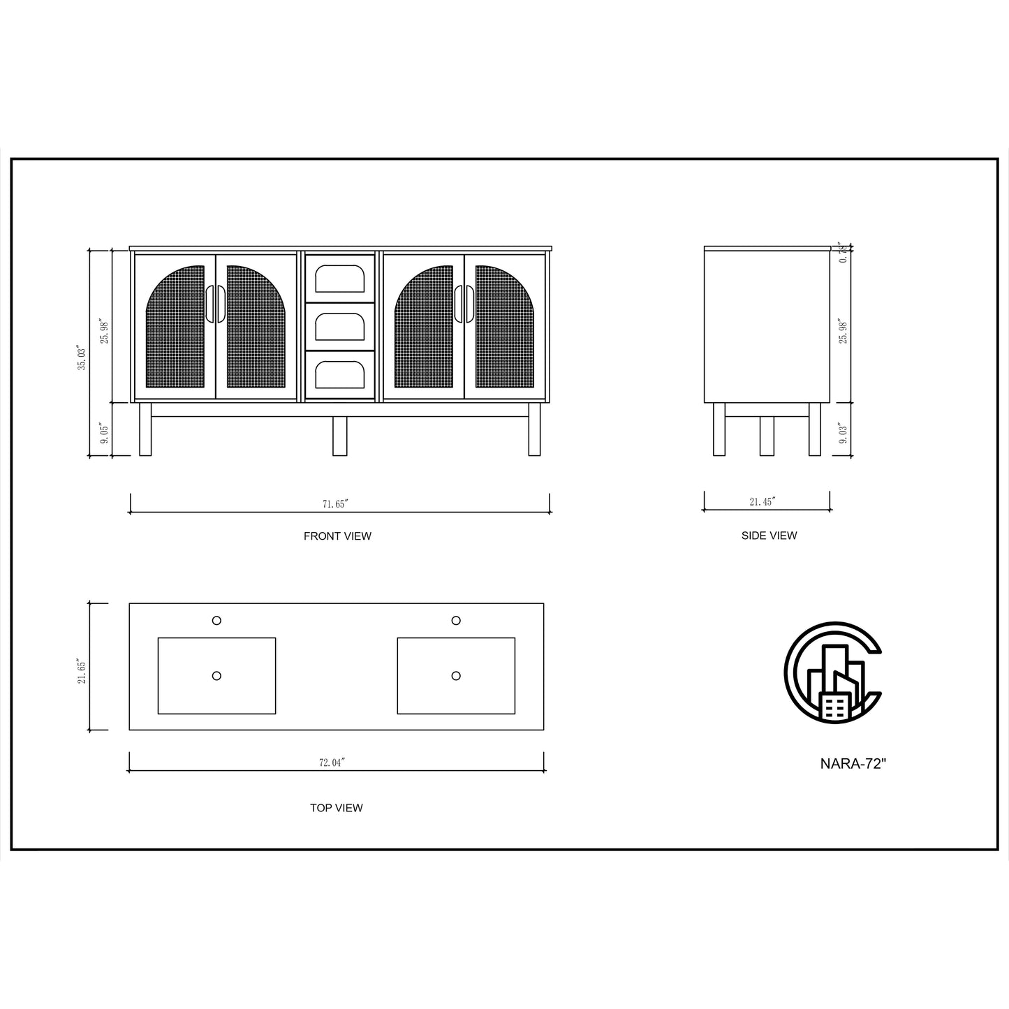 Nara 72" Freestanding Bathroom Vanity with Pure White Quartz Top and Ceramic Undermount Sinks