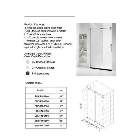 Baila Frameless Single Sliding Glass Shower Door