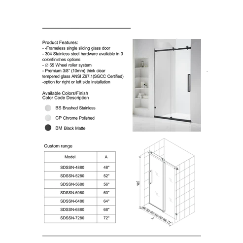 Linda Frameless Single Sliding Glass Shower Door
