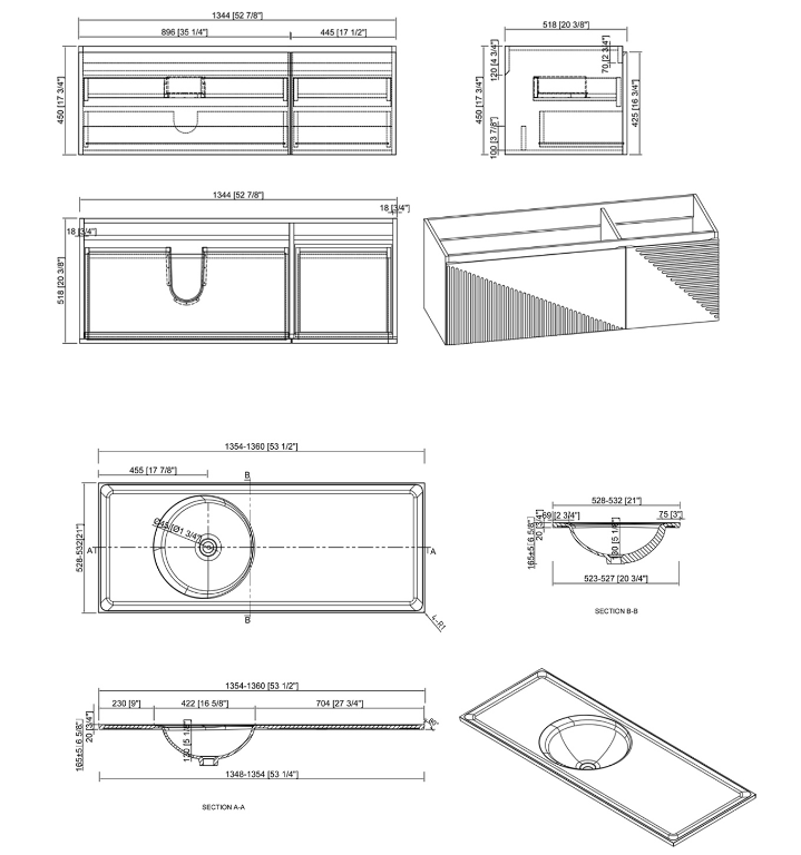 Simon 54" Wall Mounted Bathroom Vanity with Solid Surface Integrated Sink Top