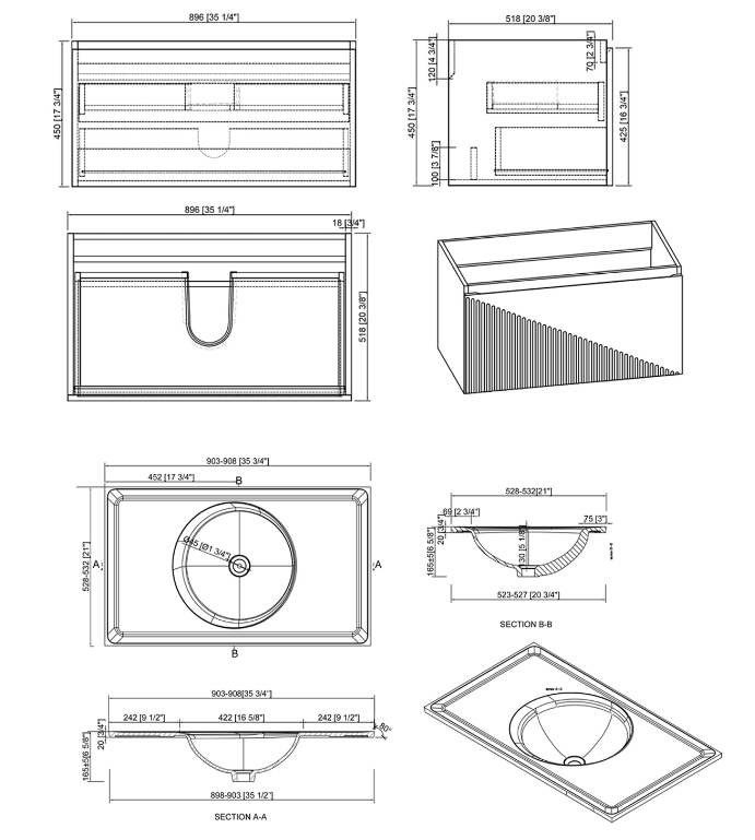 Simon 36" Wall Mounted Bathroom Vanity with Solid Surface Integrated Sink Top