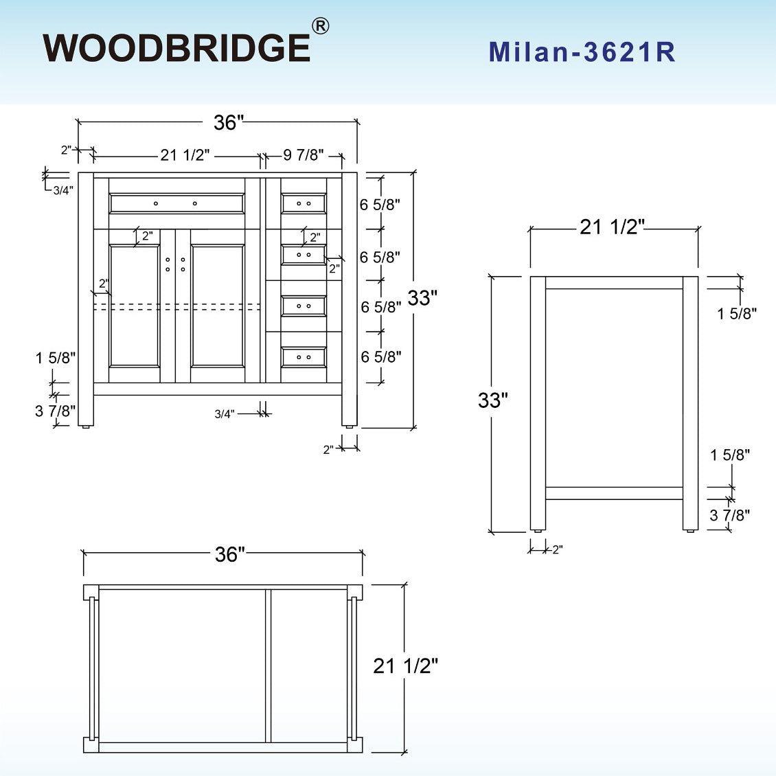 Milan 36" Freestanding Bathroom Vanity with Stone Top and Porcelain Undermount Sink