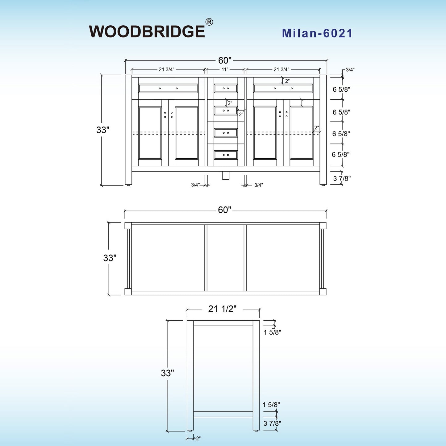 Milan 60" Freestanding Bathroom Vanity with Stone Top and Porcelain Undermount Sink
