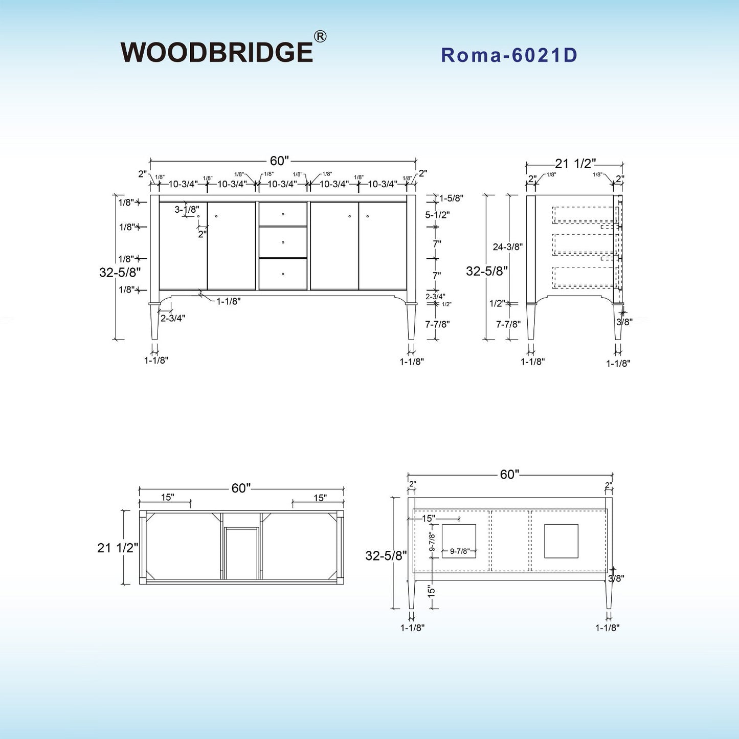 Roma 60" Freestanding Bathroom Vanity with Stone Top and Porcelain Undermount Sinks