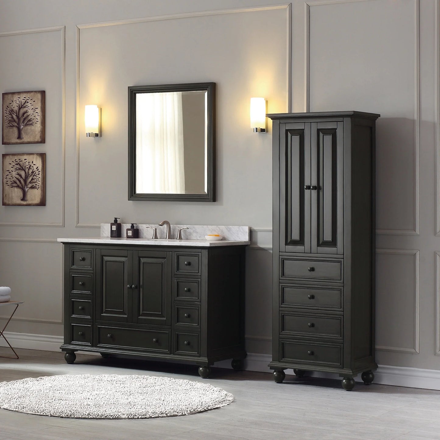 Thompson 48" Modern Bathroom Vanity Carrara marble top & undermount sink Features 9 storage spaces | KBH Home