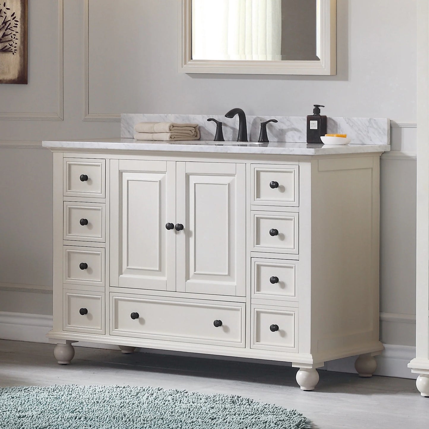Thompson 48" Modern Bathroom Vanity Carrara marble top & undermount sink Features 9 storage spaces | KBH Home