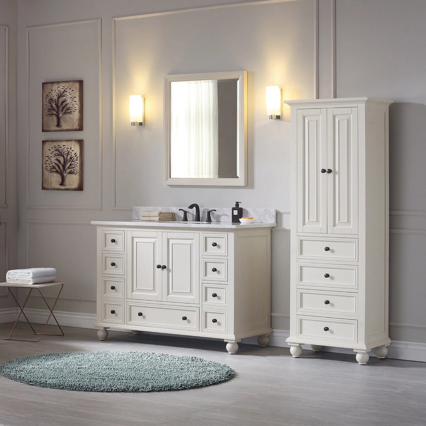 Thompson 48" Modern Bathroom Vanity Carrara marble top & undermount sink Features 9 storage spaces | KBH Home