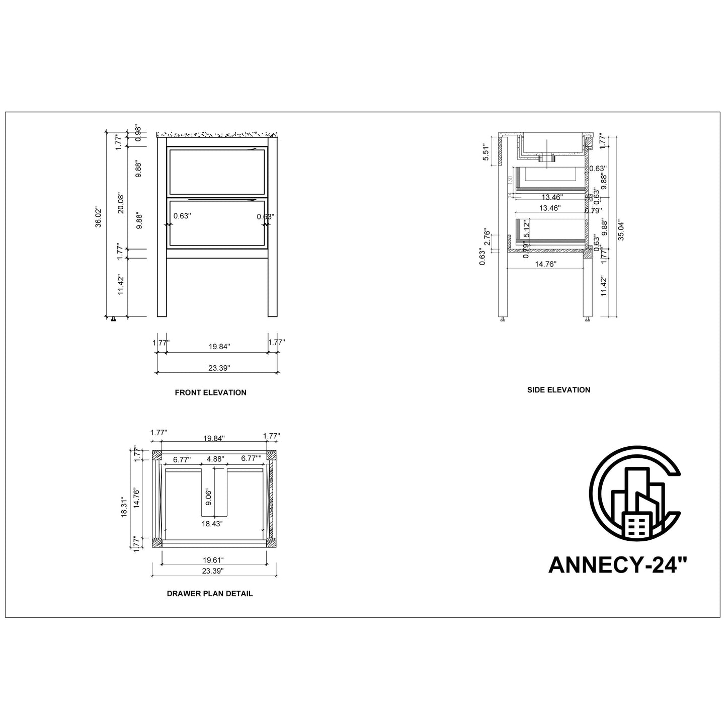 Annecy 24" Freestanding Bathroom Vanity with Reinforced Acrylic Integrated Sink Top