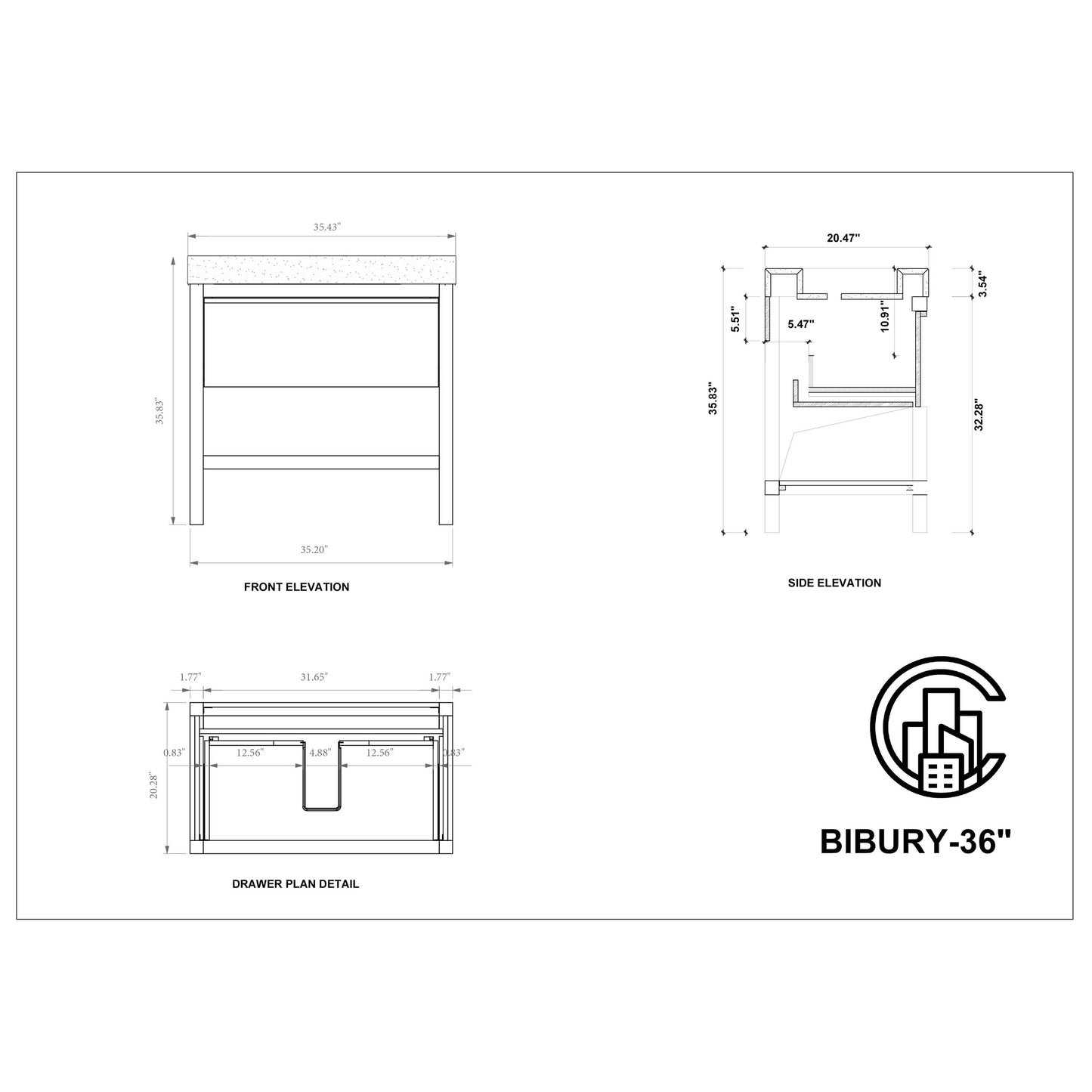 Bibury 36" Freestanding Bathroom Vanity with Black Marquina Quartz Integrated Sink Top