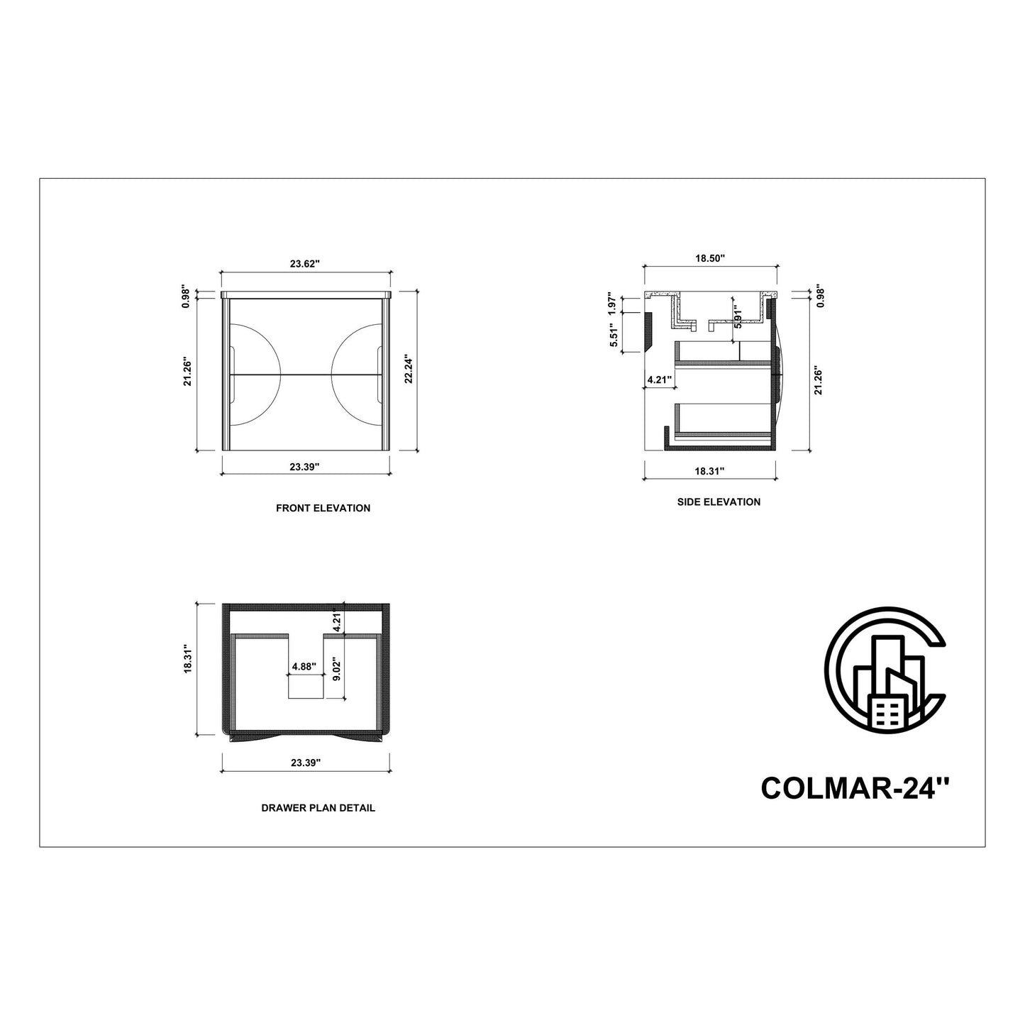 Colmar 24" Wall Mounted Bathroom Vanity with Reinforced Acrylic Integrated Sink Top