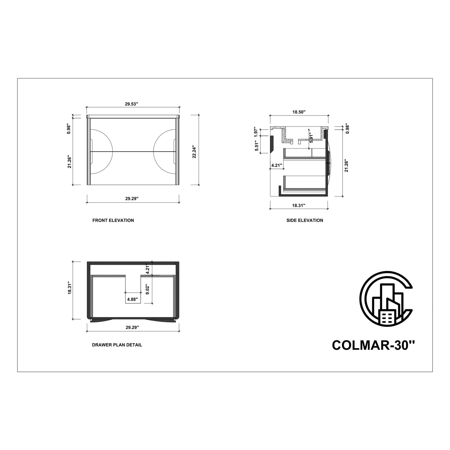 Colmar 30" Wall Mounted Bathroom Vanity with Reinforced Acrylic Integrated Sink Top