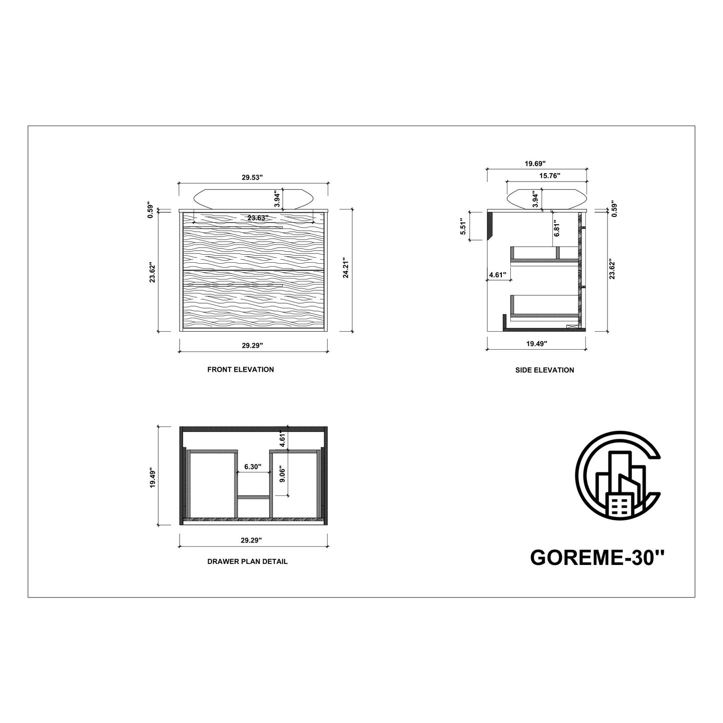 Goreme 30" Wall Mounted Bathroom Vanity with Premium Grade ATH Matte Solid Surface Top and Vessel Sink