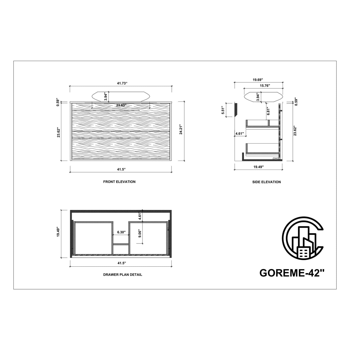 Goreme 42" Wall Mounted Bathroom Vanity with Premium Grade ATH Matte Solid Surface Top and Vessel Sink
