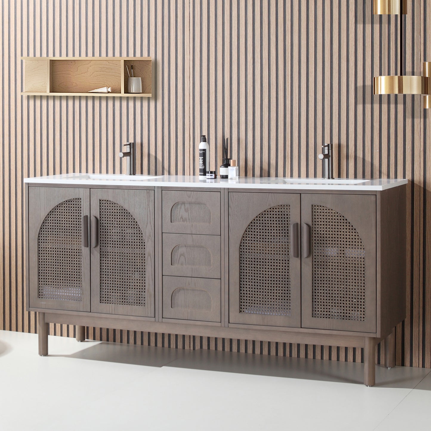 Nara 72" Freestanding Bathroom Vanity with Pure White Quartz Top and Ceramic Undermount Sinks