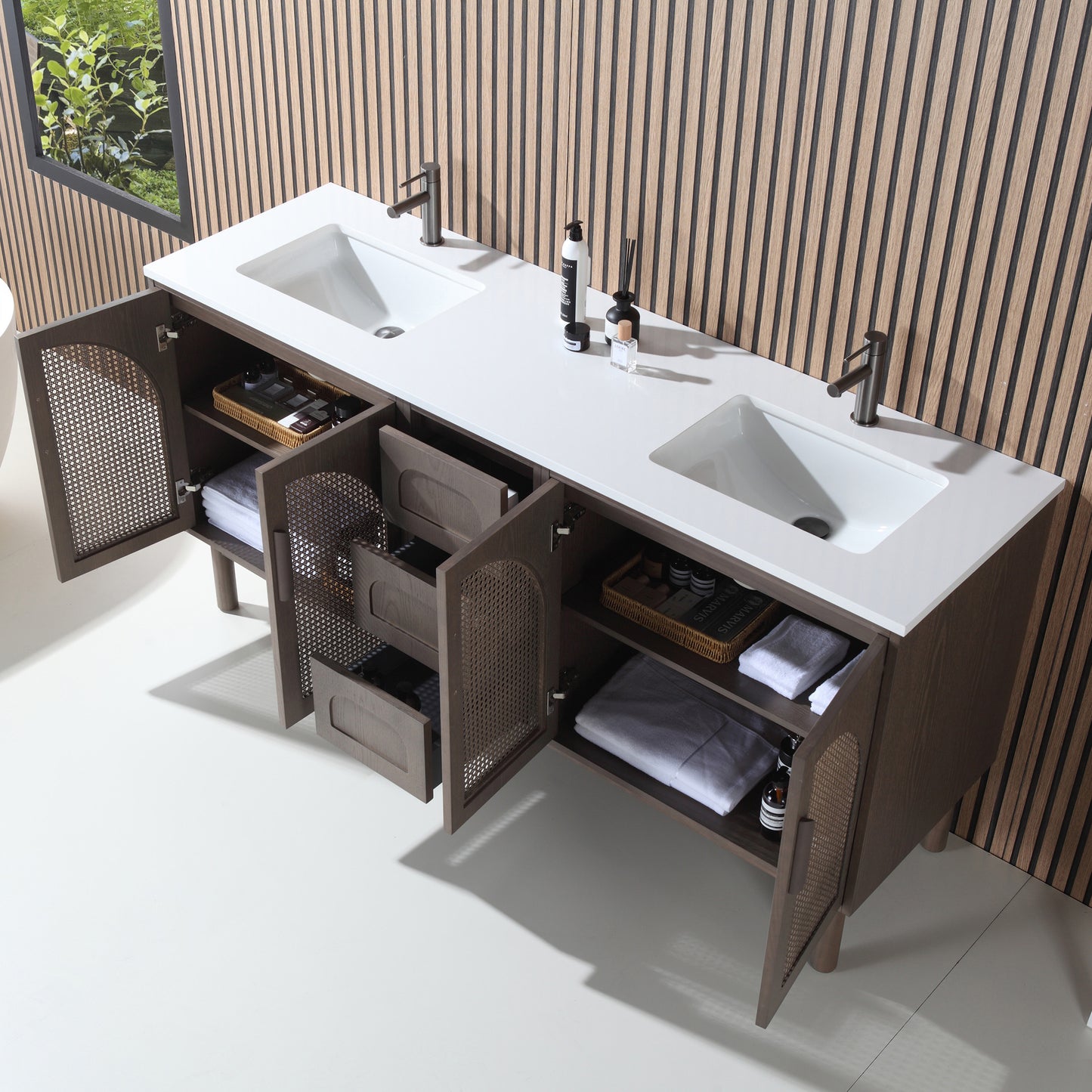 Nara 72" Freestanding Bathroom Vanity with Pure White Quartz Top and Ceramic Undermount Sinks