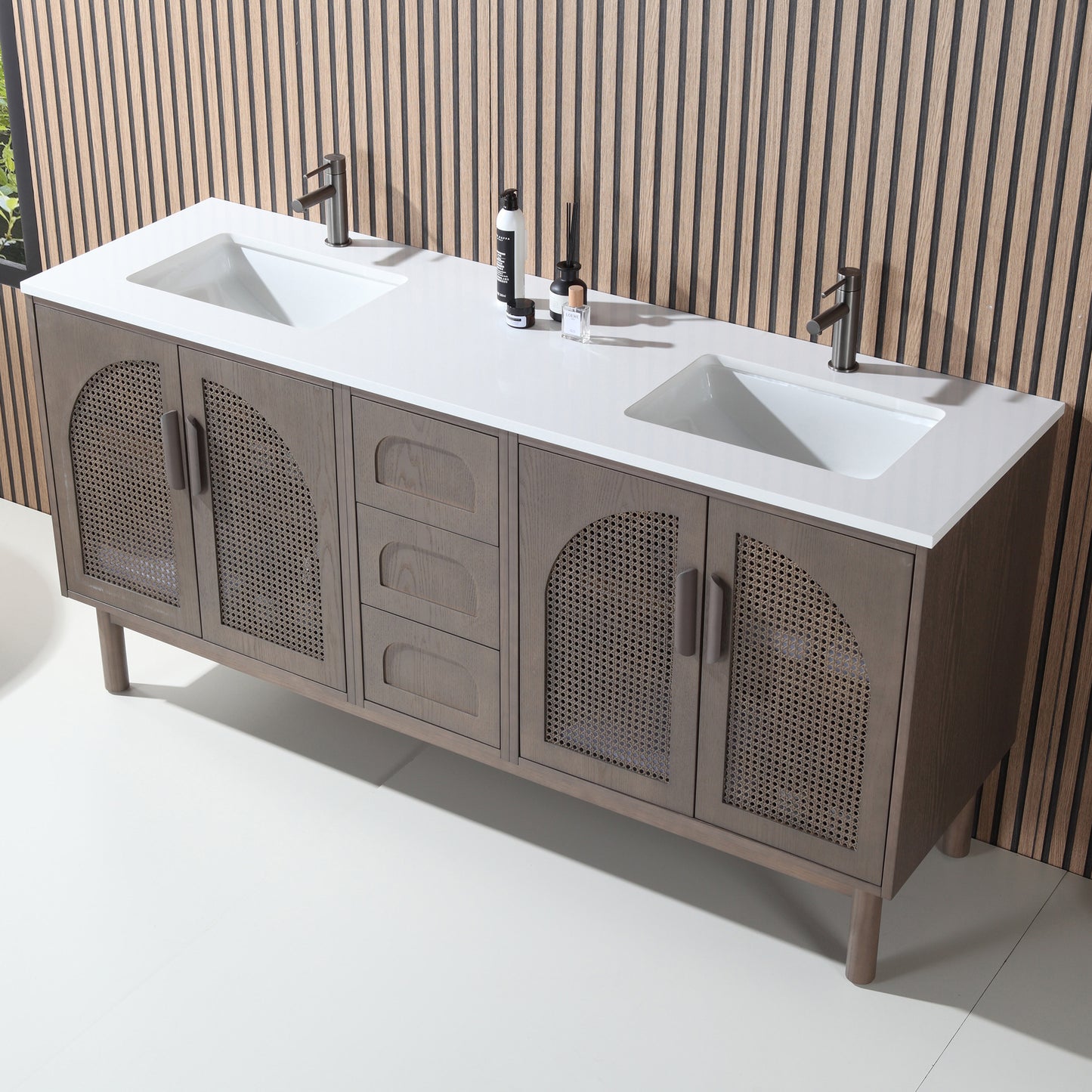 Nara 72" Freestanding Bathroom Vanity with Pure White Quartz Top and Ceramic Undermount Sinks