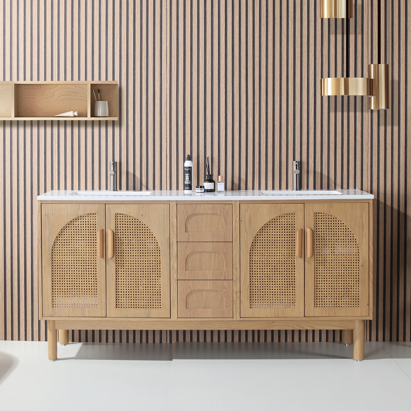 Nara 72" Freestanding Bathroom Vanity with Pure White Quartz Top and Ceramic Undermount Sinks