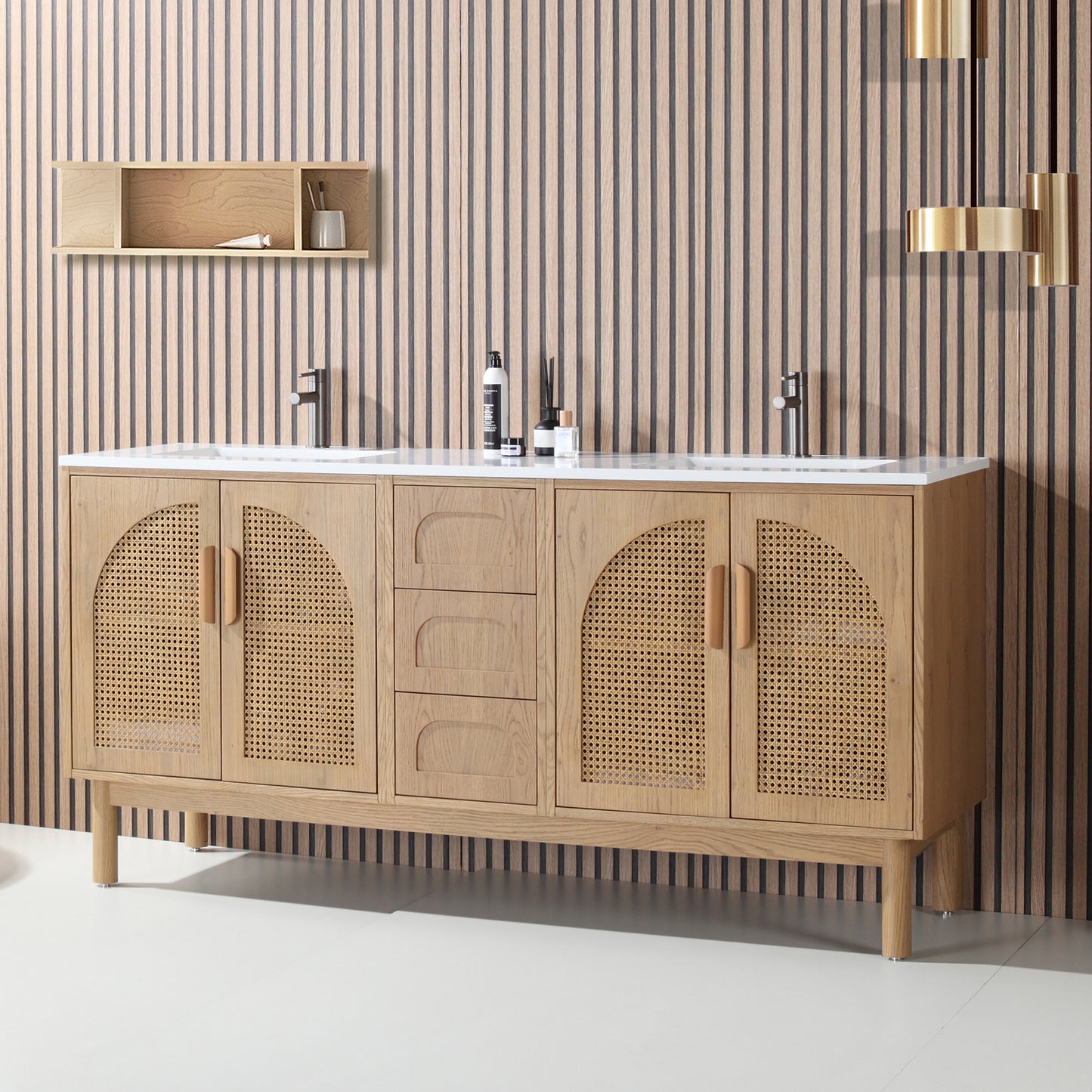 Nara 72" Freestanding Bathroom Vanity with Pure White Quartz Top and Ceramic Undermount Sinks