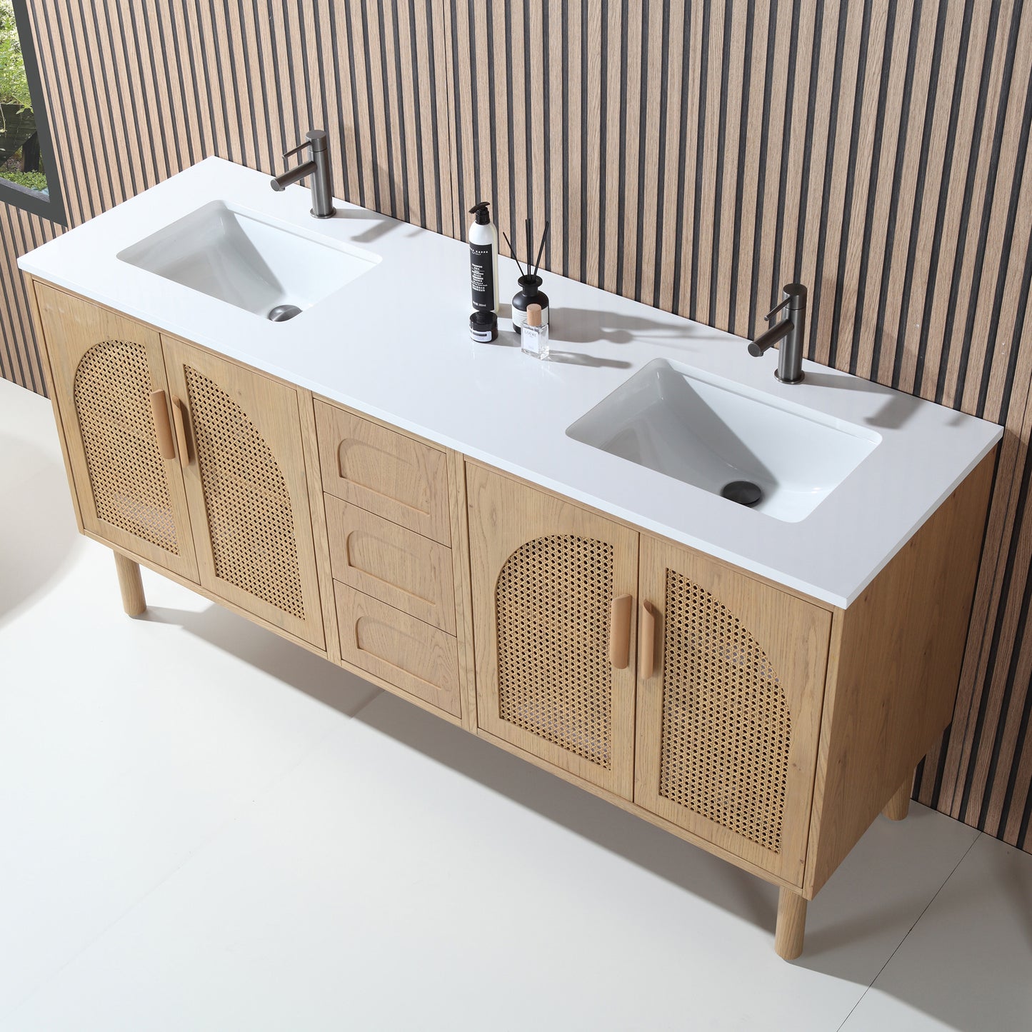 Nara 72" Freestanding Bathroom Vanity with Pure White Quartz Top and Ceramic Undermount Sinks