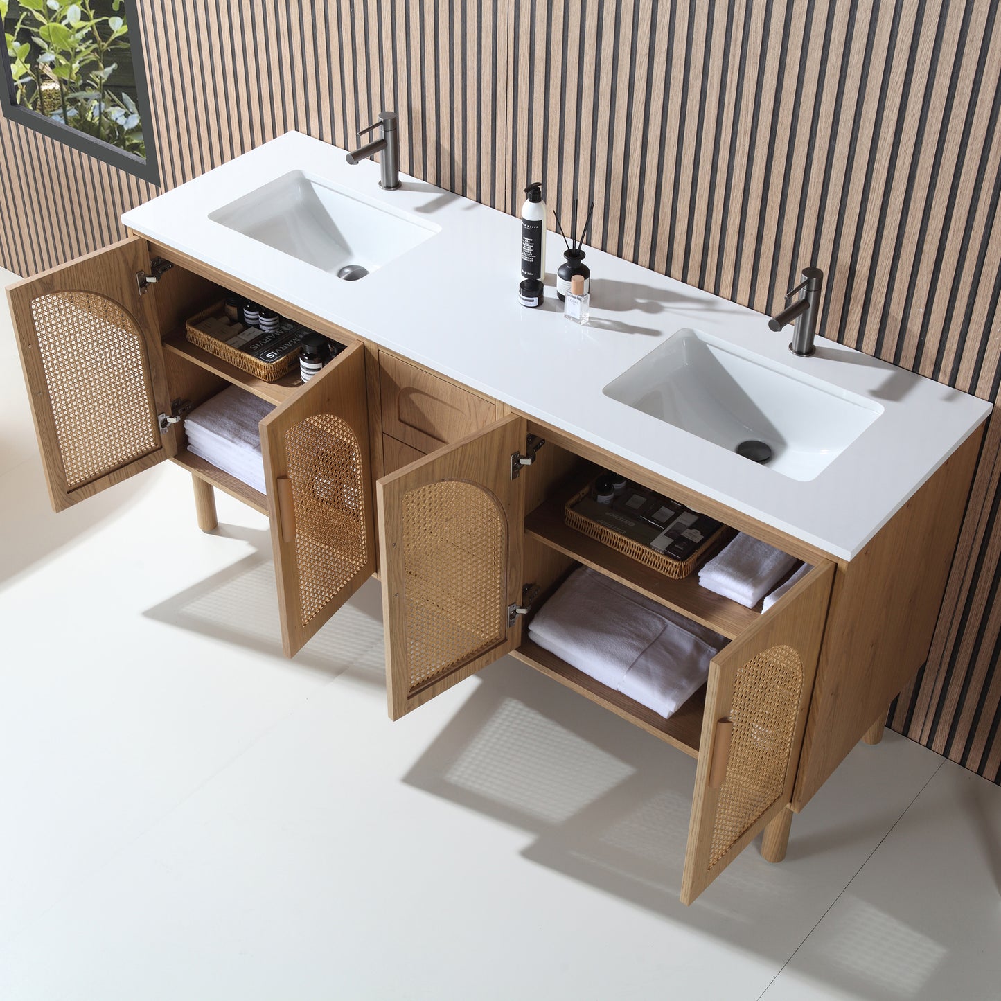 Nara 72" Freestanding Bathroom Vanity with Pure White Quartz Top and Ceramic Undermount Sinks