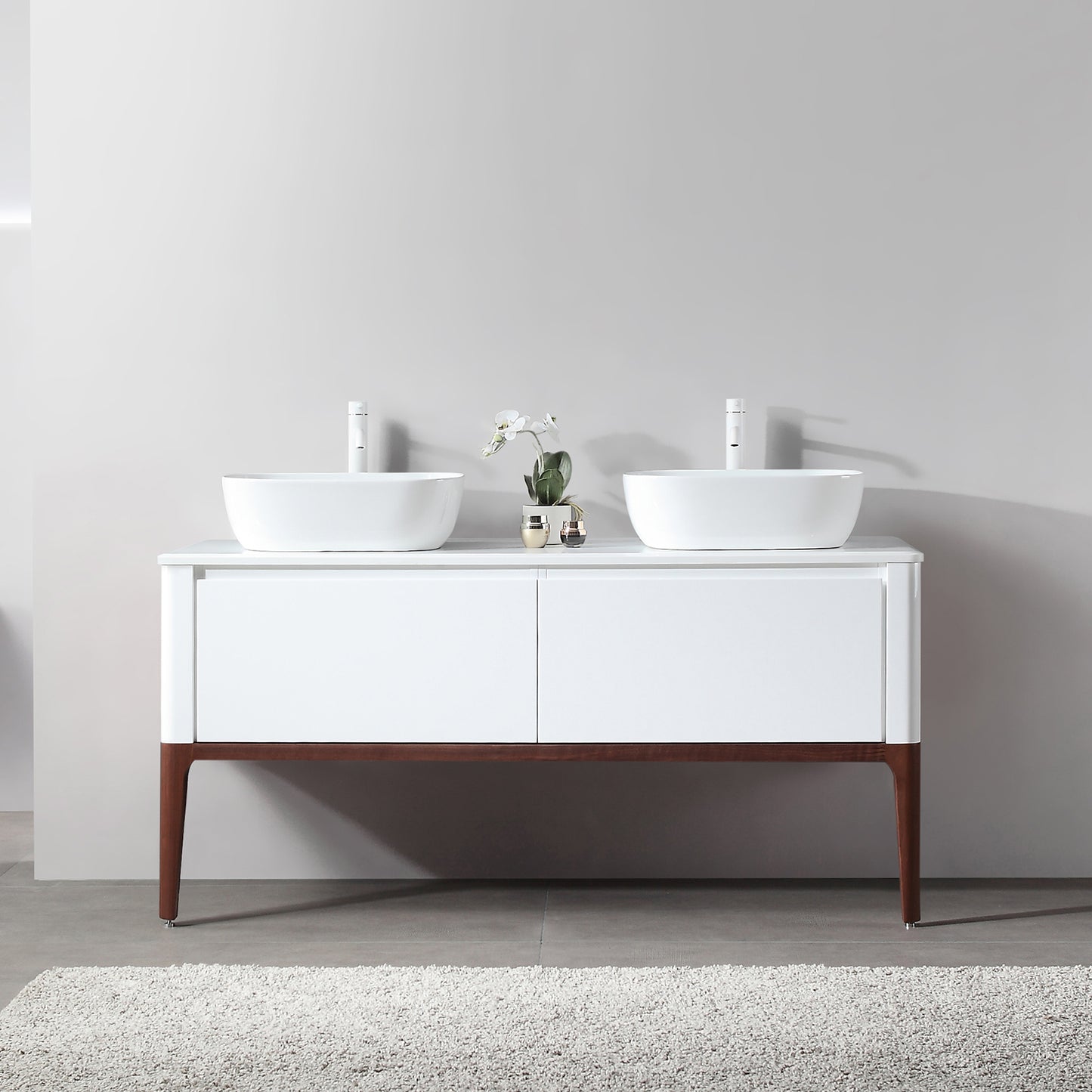 Sebastian 60" Freestanding Bathroom Vanity with Pure White Quartz Top and Ceramic Vessel Sinks