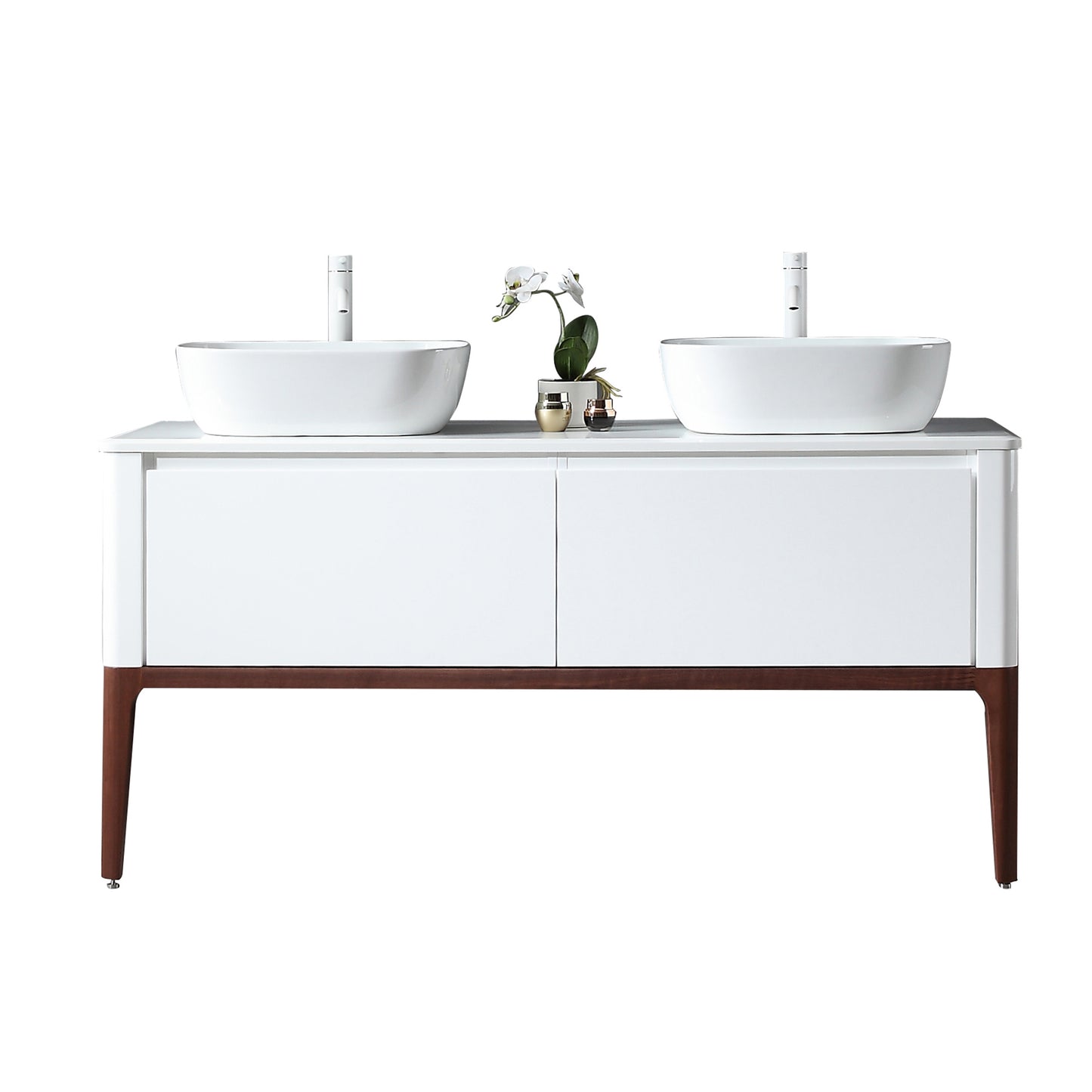 Sebastian 60" Freestanding Bathroom Vanity with Pure White Quartz Top and Ceramic Vessel Sinks