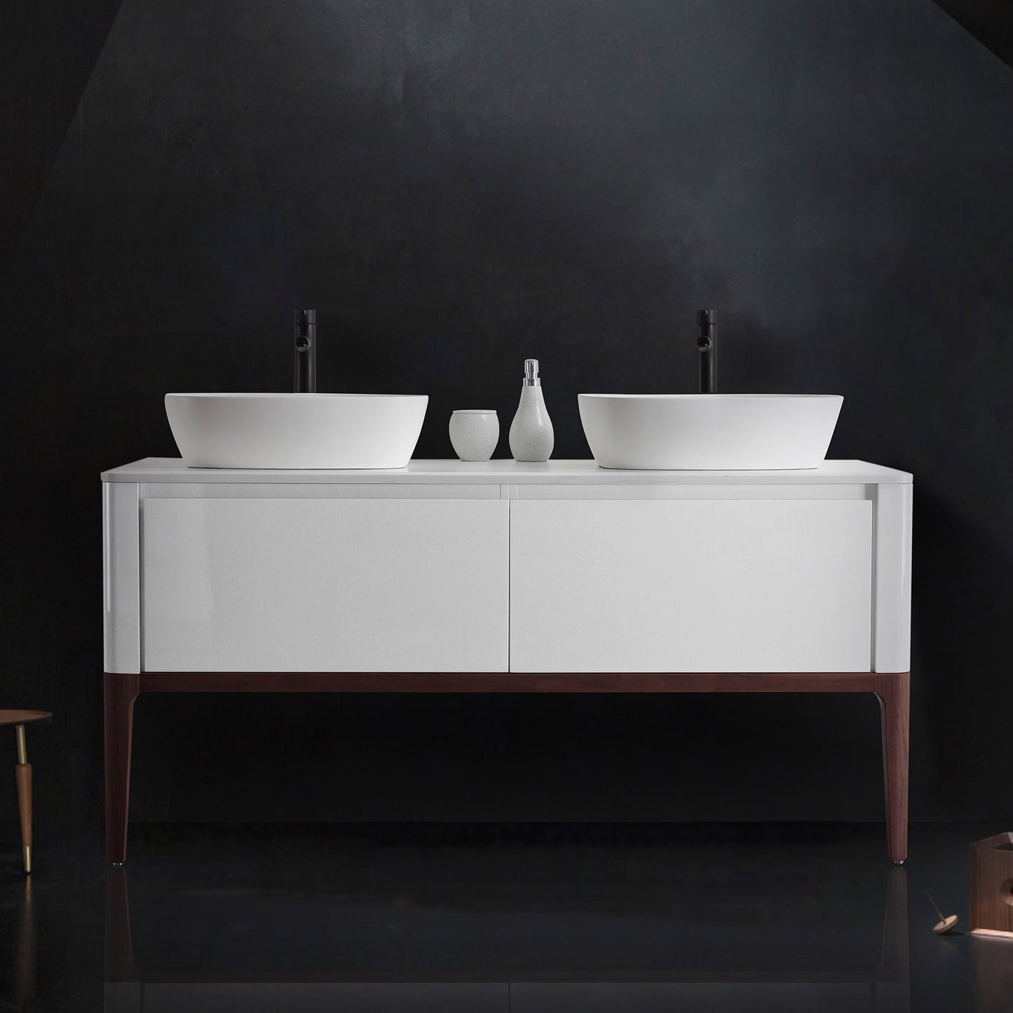 Sebastian 60" Freestanding Bathroom Vanity with Pure White Quartz Top and Ceramic Vessel Sinks