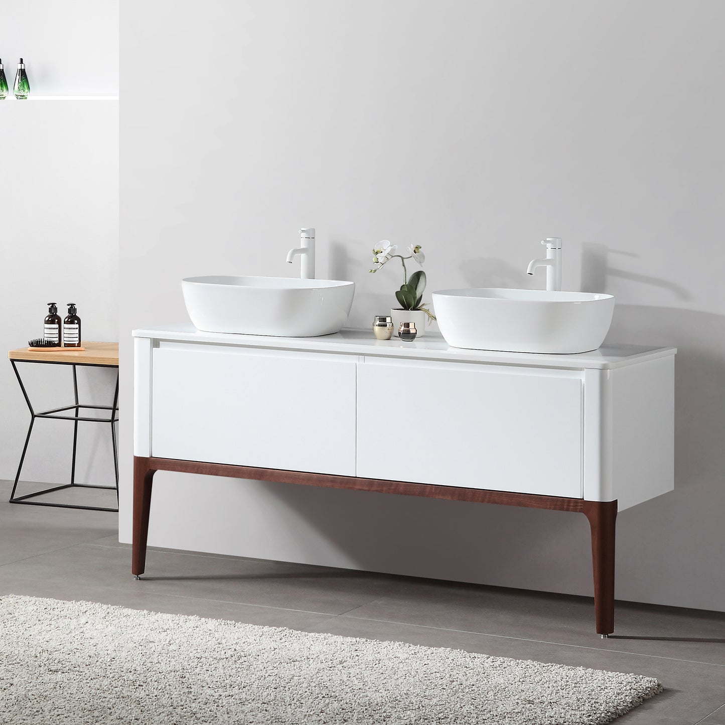 Sebastian 60" Freestanding Bathroom Vanity with Pure White Quartz Top and Ceramic Vessel Sinks