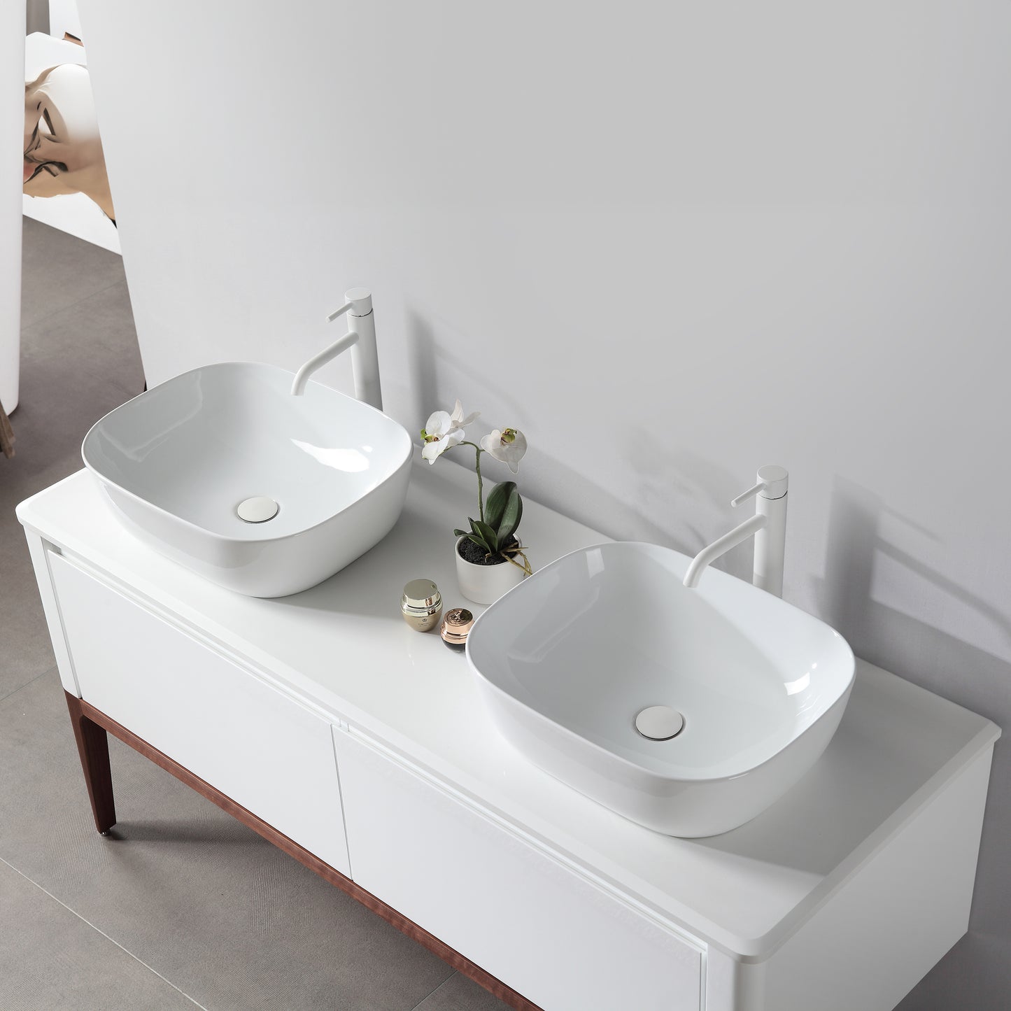 Sebastian 60" Freestanding Bathroom Vanity with Pure White Quartz Top and Ceramic Vessel Sinks