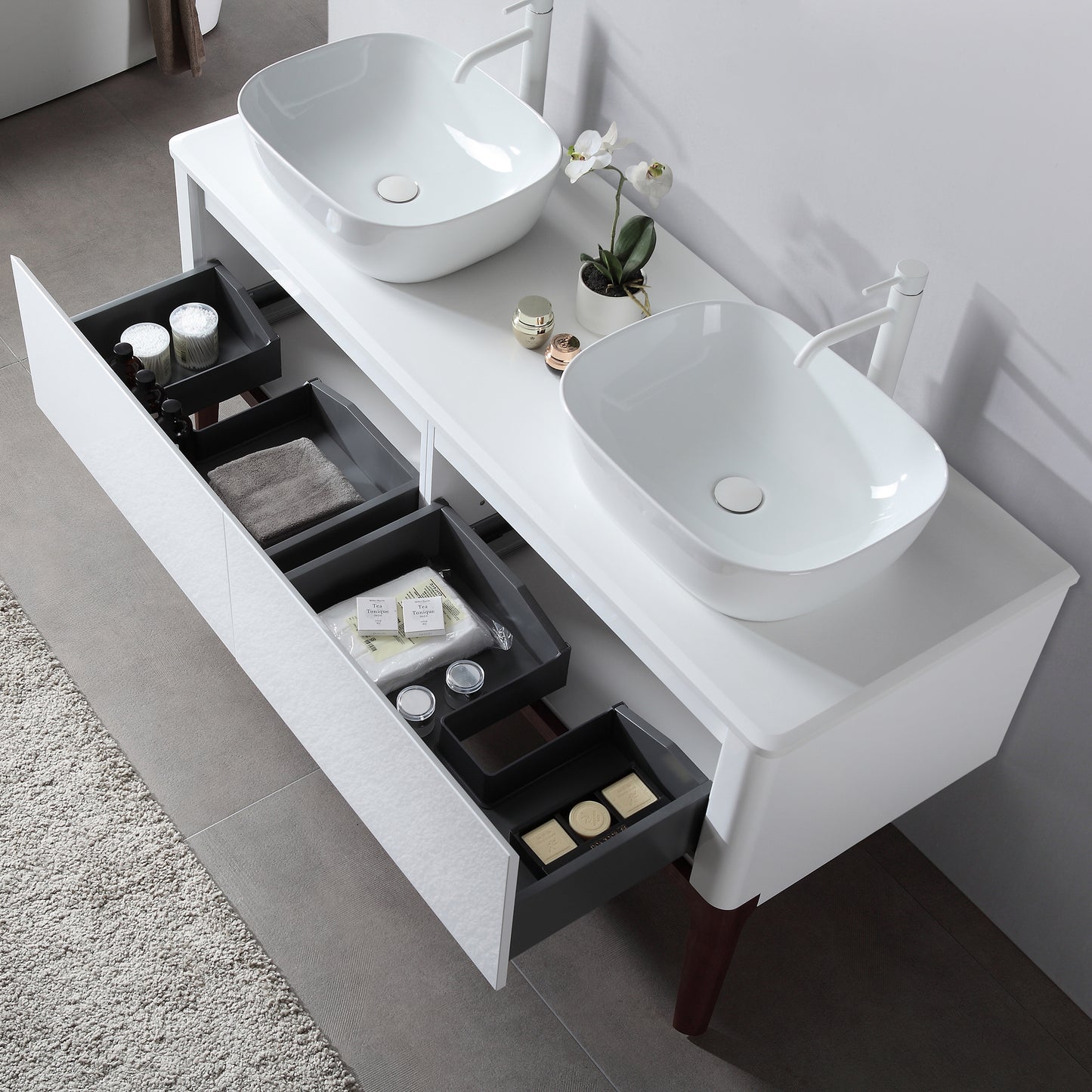 Sebastian 60" Freestanding Bathroom Vanity with Pure White Quartz Top and Ceramic Vessel Sinks