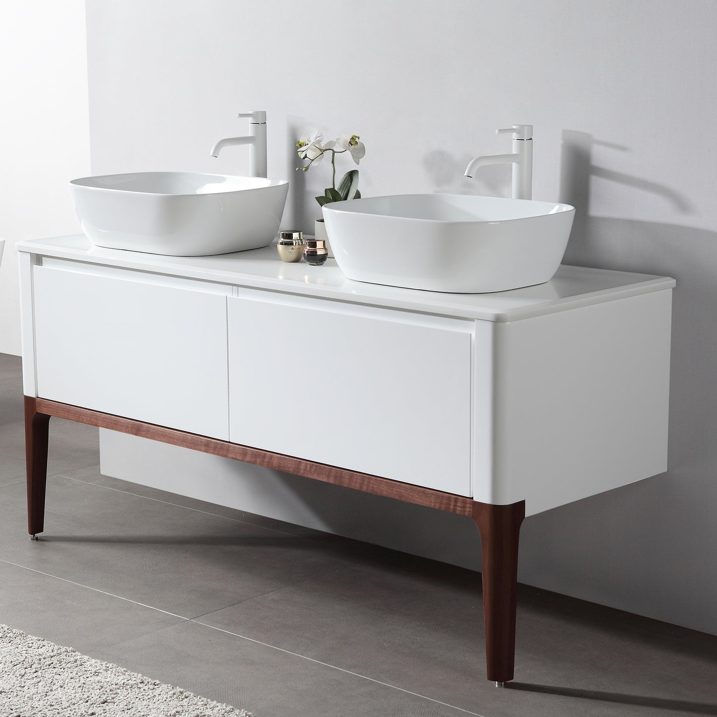 Sebastian 60" Freestanding Bathroom Vanity with Pure White Quartz Top and Ceramic Vessel Sinks