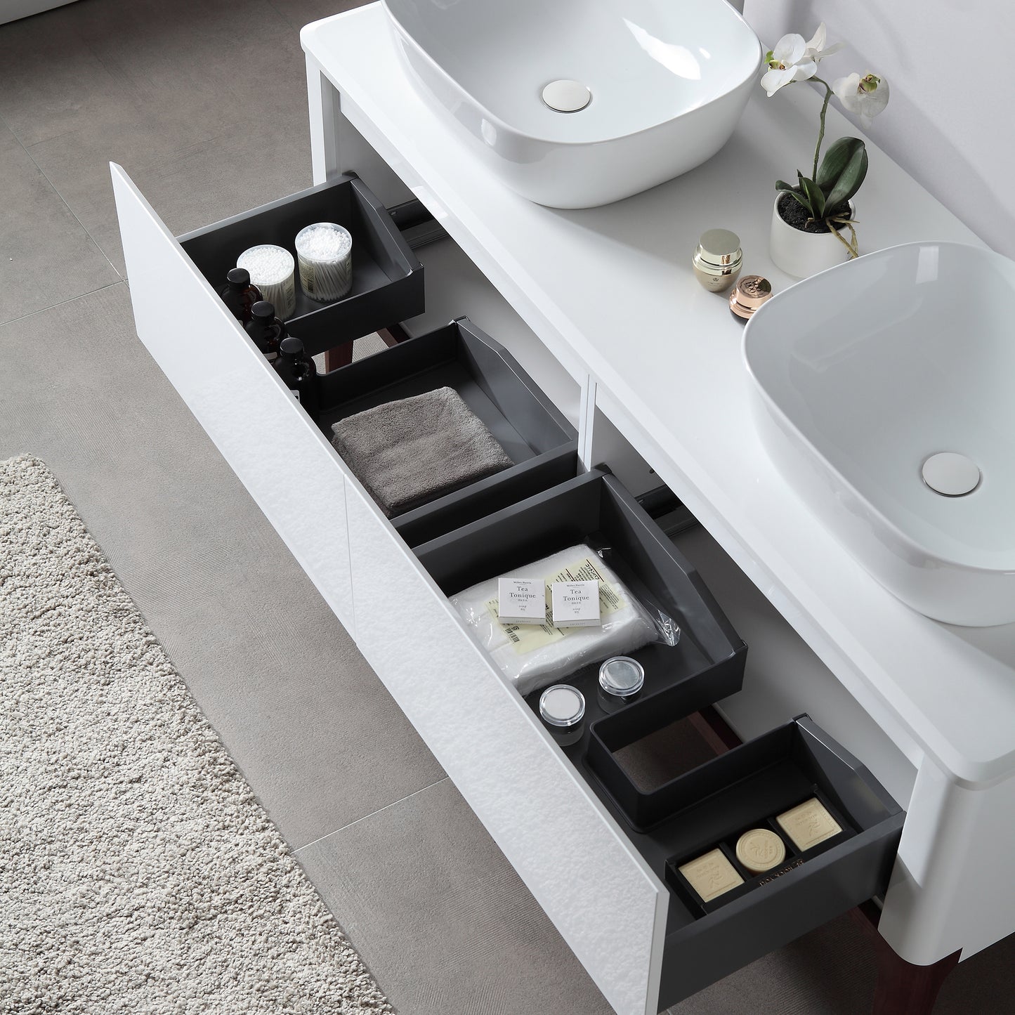 Sebastian 60" Freestanding Bathroom Vanity with Pure White Quartz Top and Ceramic Vessel Sinks