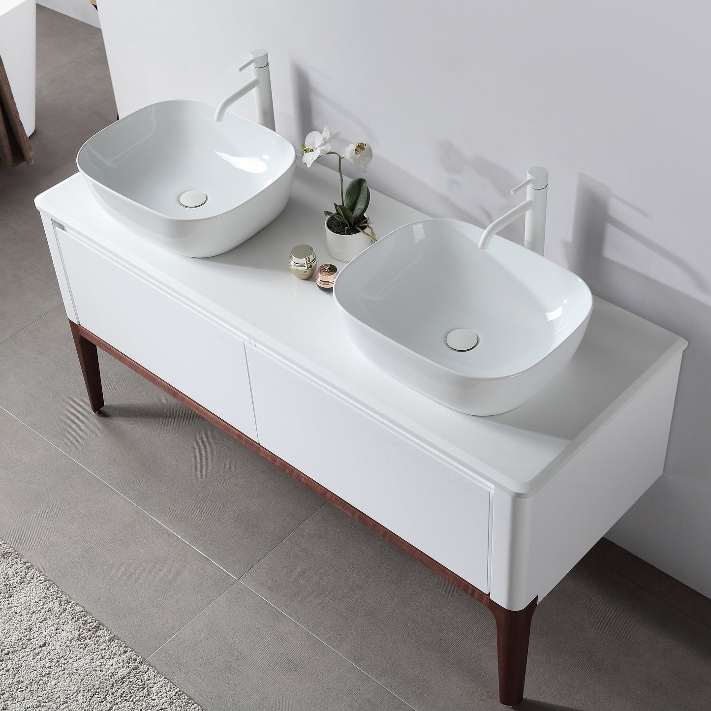 Sebastian 60" Freestanding Bathroom Vanity with Pure White Quartz Top and Ceramic Vessel Sinks