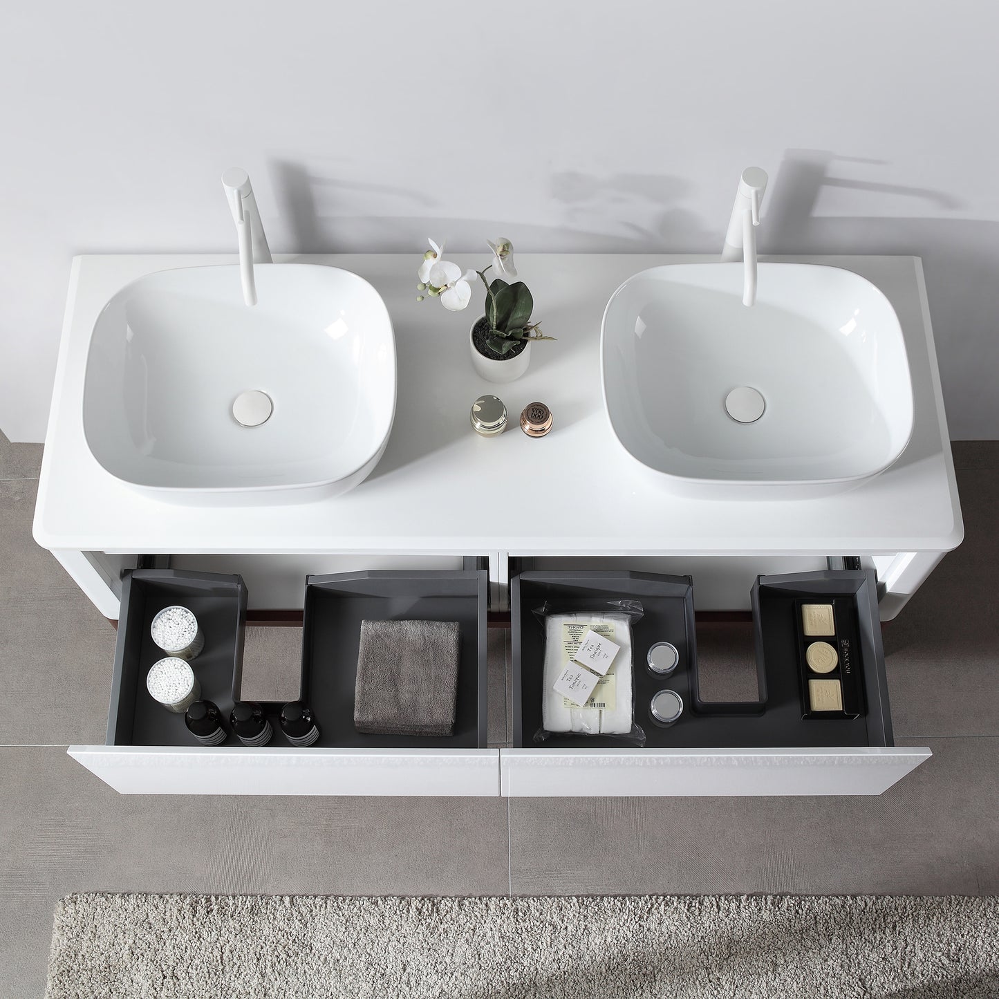 Sebastian 60" Freestanding Bathroom Vanity with Pure White Quartz Top and Ceramic Vessel Sinks