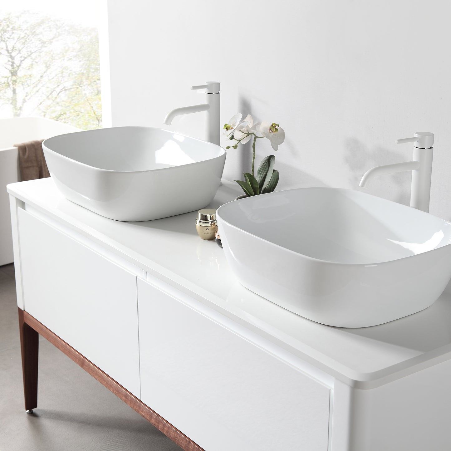 Sebastian 60" Freestanding Bathroom Vanity with Pure White Quartz Top and Ceramic Vessel Sinks