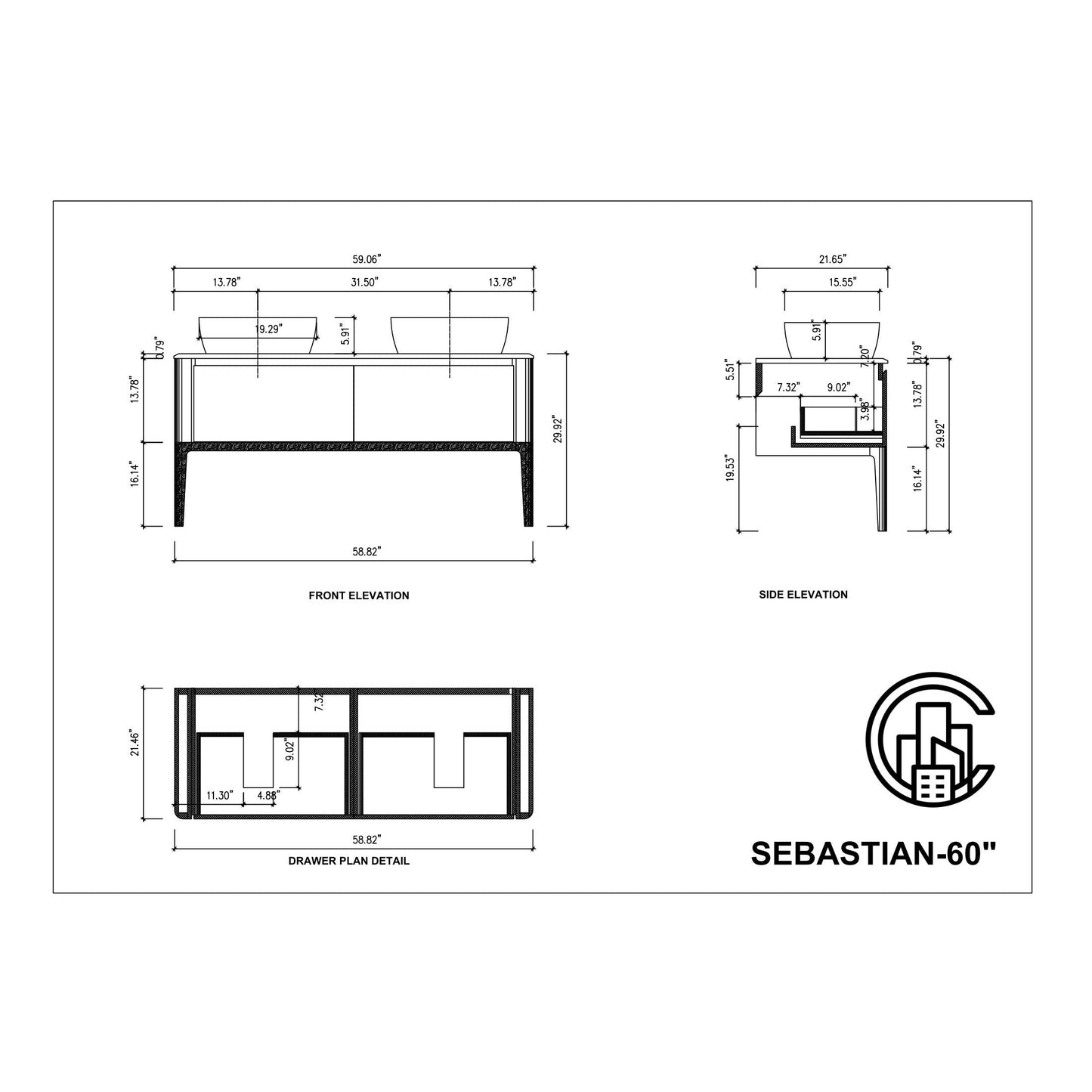 Sebastian 60" Freestanding Bathroom Vanity with Pure White Quartz Top and Ceramic Vessel Sinks