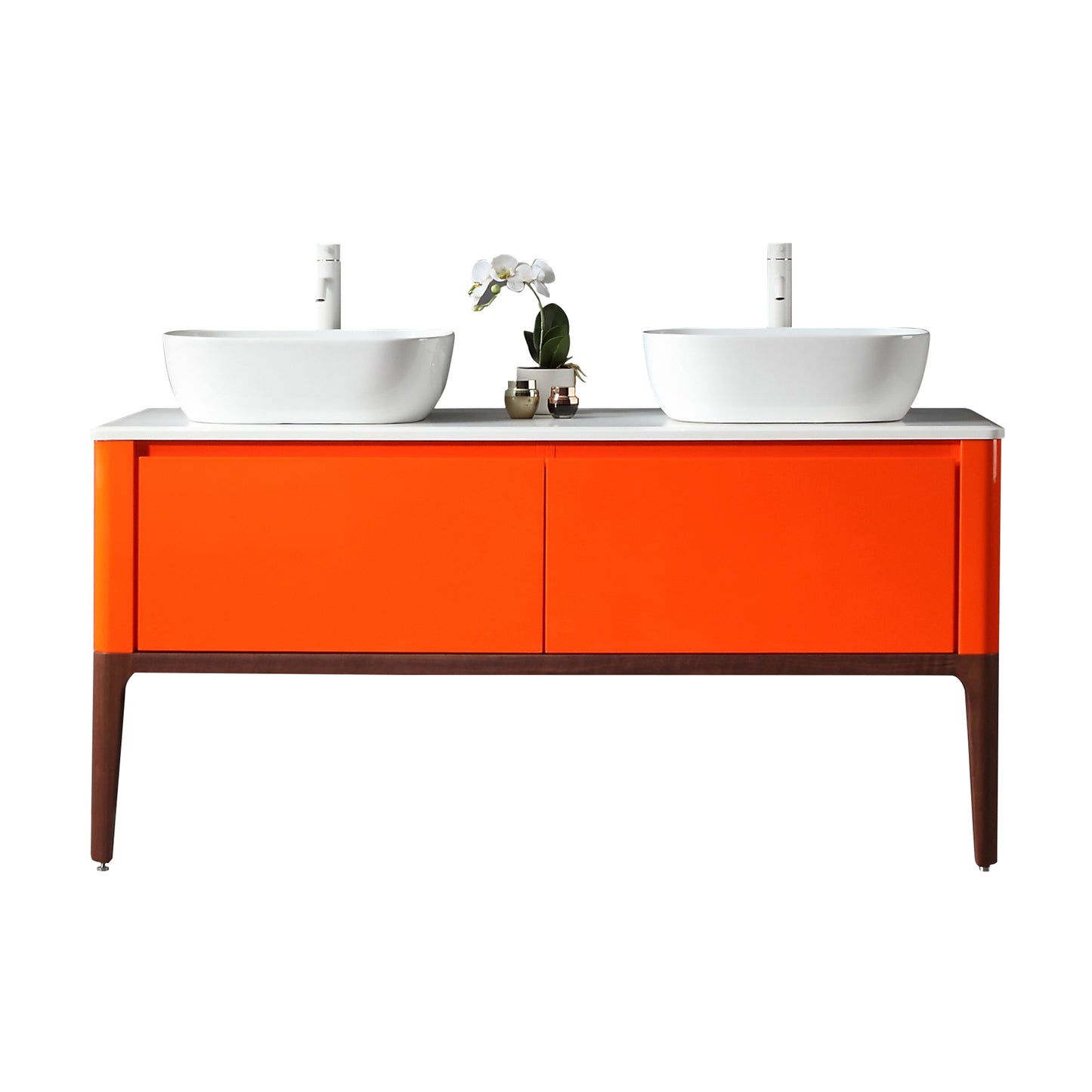 Sebastian 60" Freestanding Bathroom Vanity with Pure White Quartz Top and Ceramic Vessel Sinks