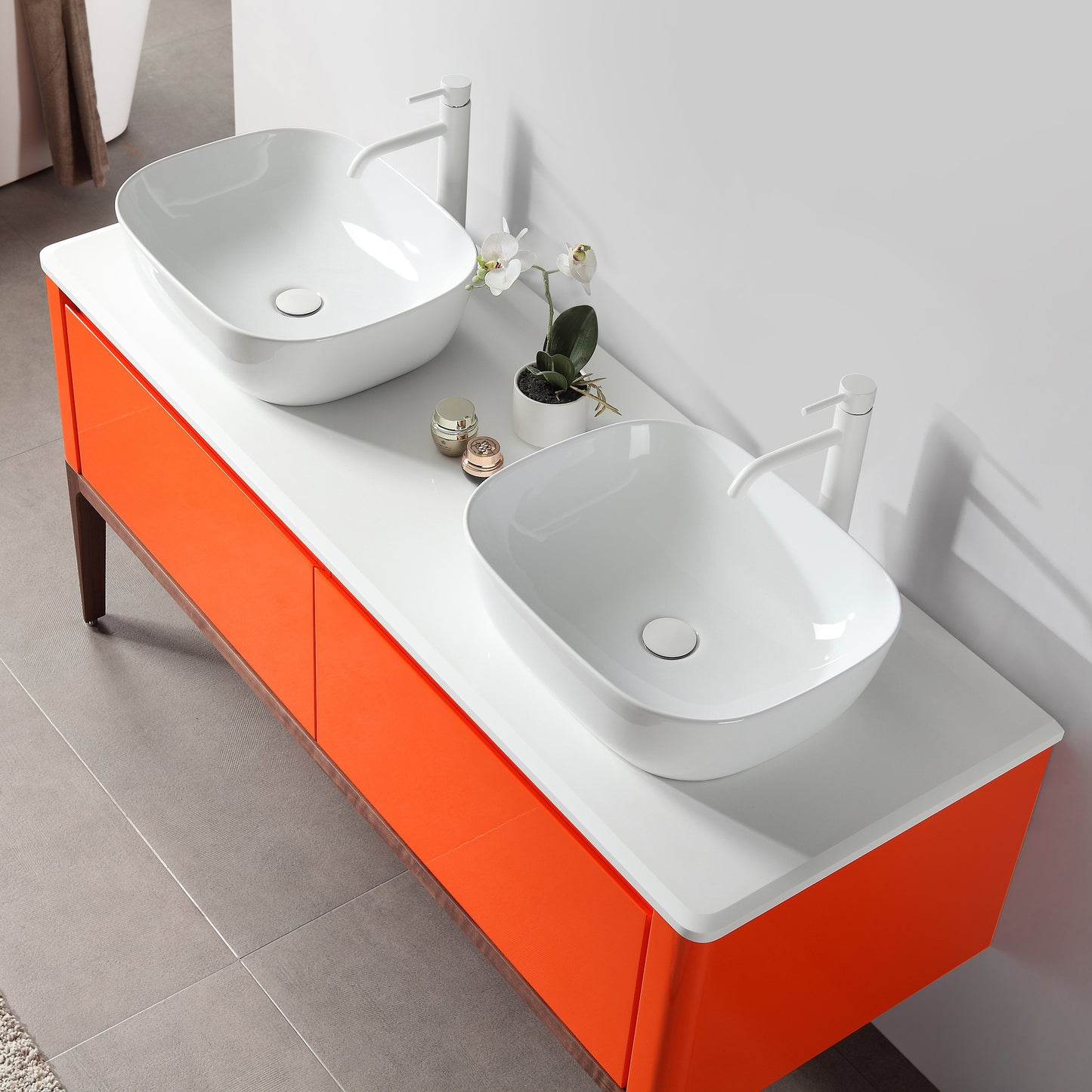Sebastian 60" Freestanding Bathroom Vanity with Pure White Quartz Top and Ceramic Vessel Sinks