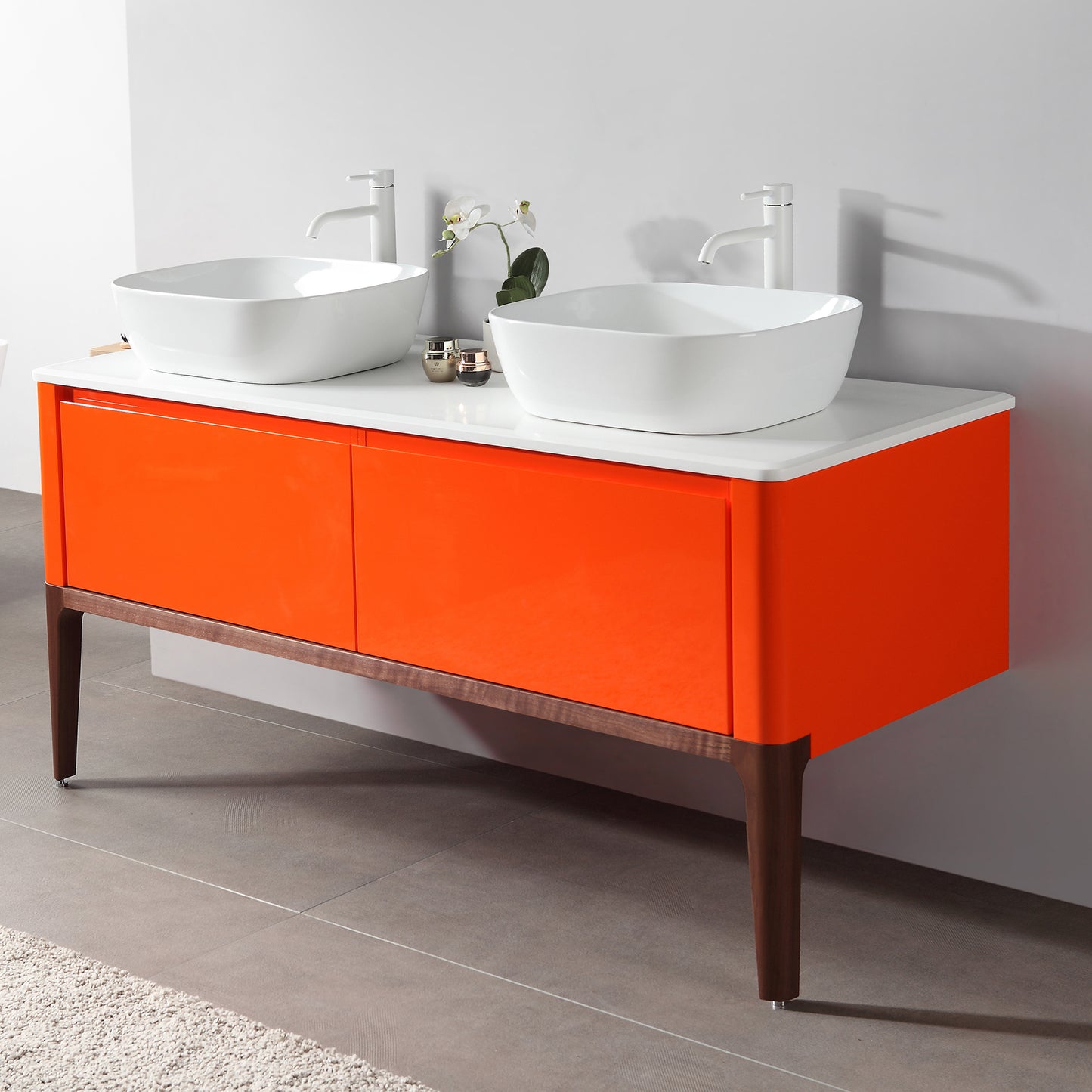Sebastian 60" Freestanding Bathroom Vanity with Pure White Quartz Top and Ceramic Vessel Sinks