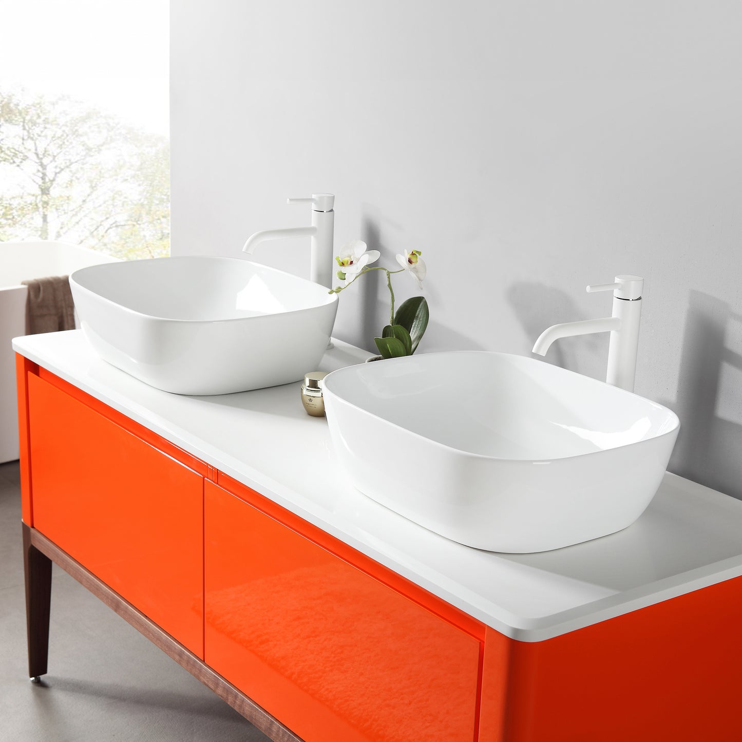 Sebastian 60" Freestanding Bathroom Vanity with Pure White Quartz Top and Ceramic Vessel Sinks