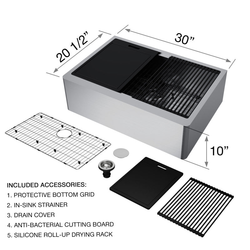 Oxford Flat 30" Stainless Steel Apron / Farmhouse Kitchen Sink with Workstation